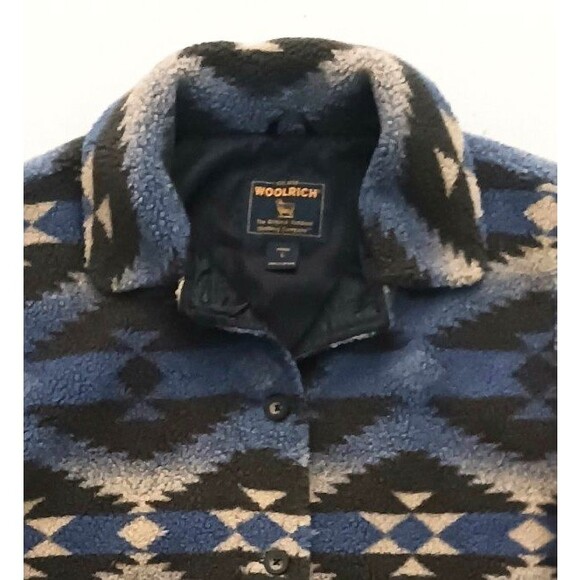 Woolrich Short Fleece Jacket Blue Gray Southwest Button Front Pockets Sz L - Picture 2 of 11